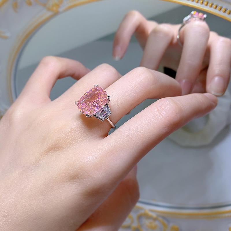 S925 Sterling Silver Pink Rectangular Three Stones 11*15mm 8A Cubic Zirconia Ring-441(25%)