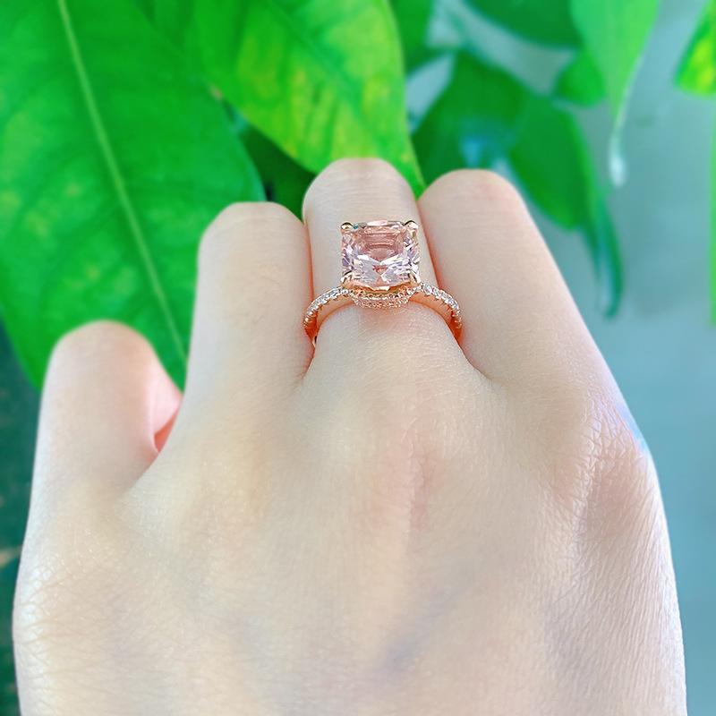 S925 Sterling Silver Champagne Fat Square Cut High Carbon Ring 9*9mm 6A Cubic Zirconia Ring-457(25%)