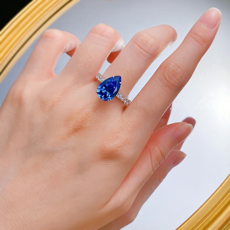 NO.036 S925 sterling silver blue pear cut ring 9*14mm 8A cubic zirconia ring fashion jewelry accessory woman girl promise ring Springtok