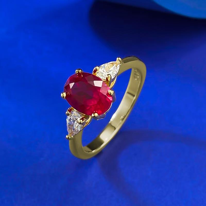 NO.053 S925 Sterling Silver Oval Cut Ring Red/Blue 6*8mm 6A Cubic Zirconia Ring fashion jewelry accessory woman girl promise ring Springtok