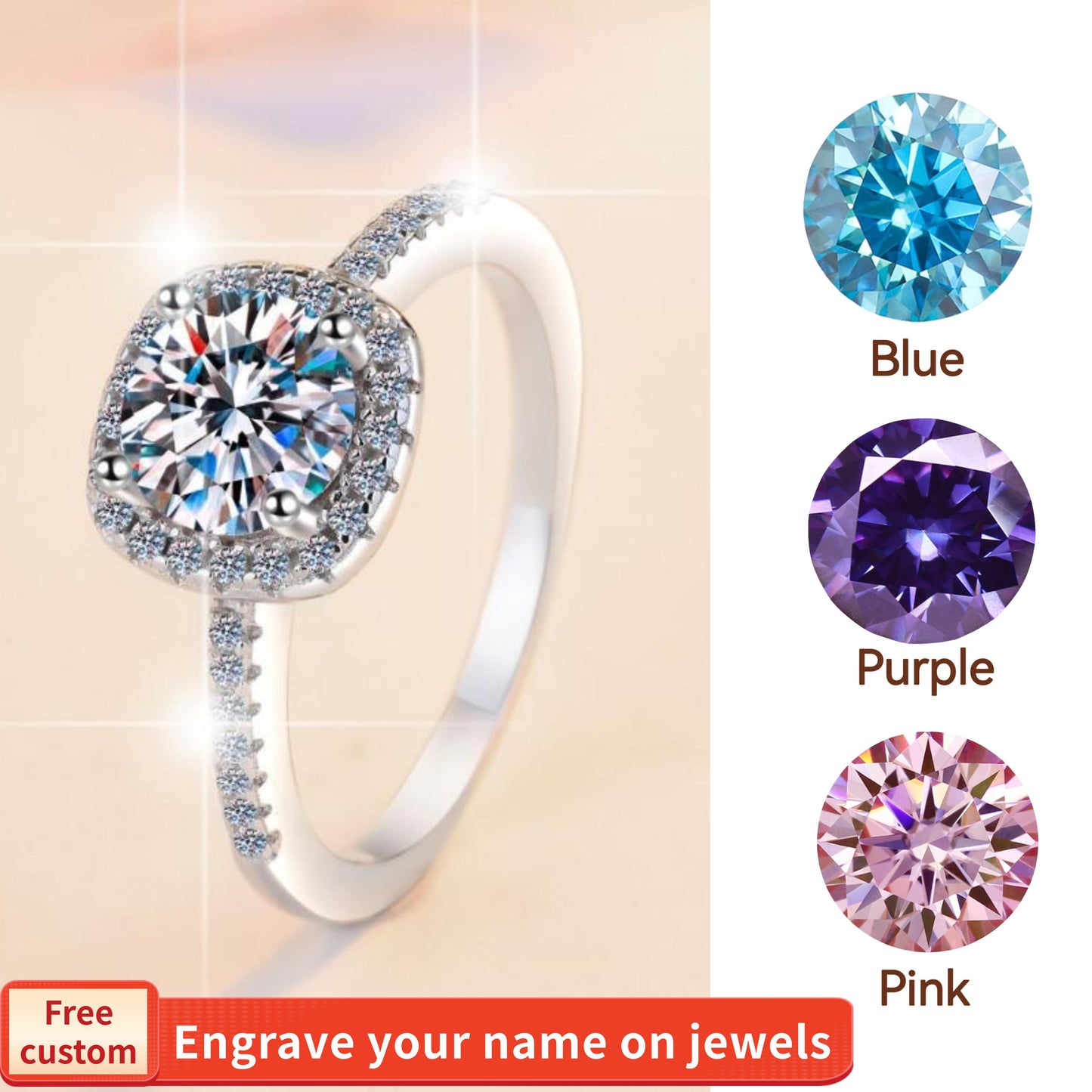 NO.133 S925 Sterling Silver D Color Synthetic Moissanite Square Ring 1/2 Carat Blue/Pink/Purple fashion jewelry accessory woman girl promise ring Springtok
