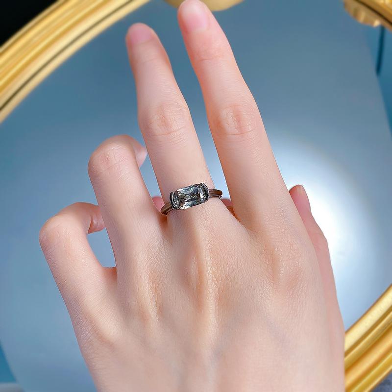 S925 Sterling Silver Black Golden Radiant Cut Rectangular Ring 6*9mm 6A Cubic Zirconia Ring-348(35%)