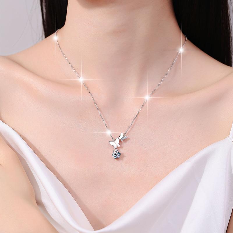 NO.199 S925 Sterling Silver Butterfly Necklace Synthetic Moissanite Necklace Birthday Gift Minimalist Pendant Necklace Springtok
