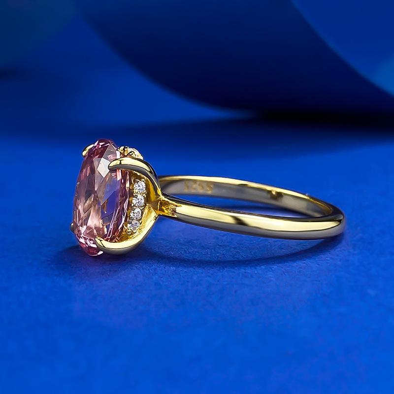 NO.043 S925 Sterling Silver Golden-Plated Oval Ring 7 * 10mm 6A Cubic Zirconia Ring fashion jewelry accessory woman girl promise ring Springtok