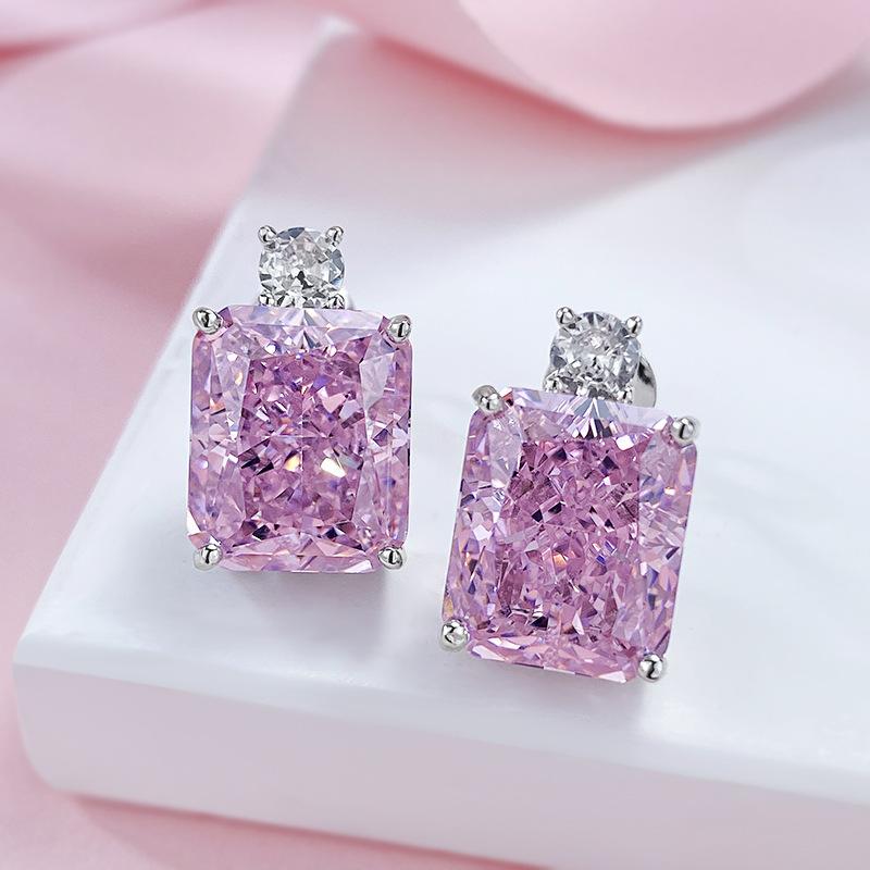 NO.185 S925 Sterling Silver Ice Flower Cut Square Stud Earrings 10 * 12mm 8A Cubic Zirconia Stud Earrings Glittering daily life Earrings Springtok