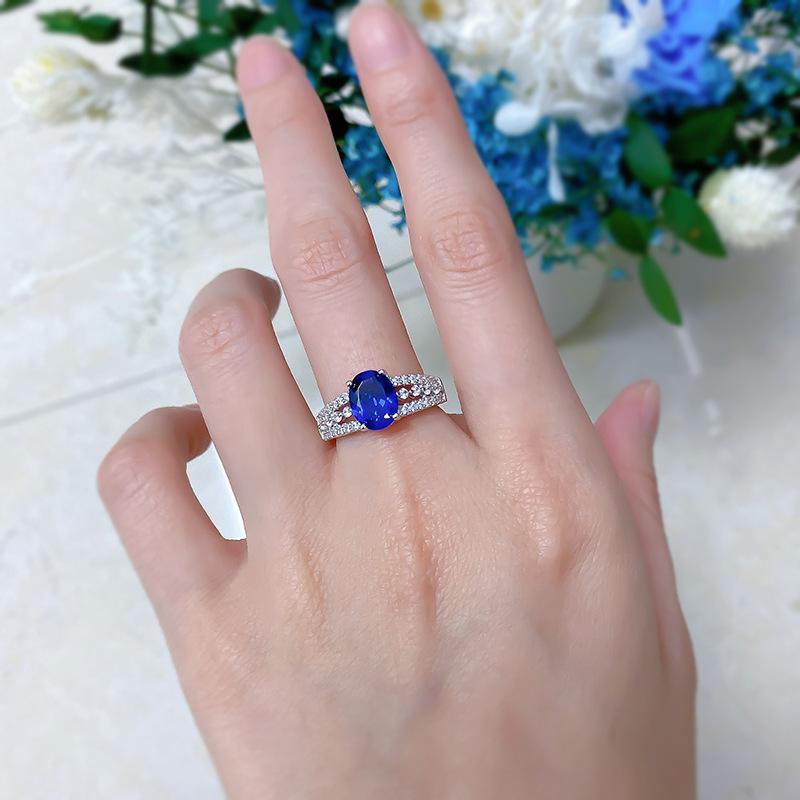 S925 Sterling Silver Blue Oval Cut Oval Ring 7*9mm 6A Cubic Zirconia Ring-268(35%)