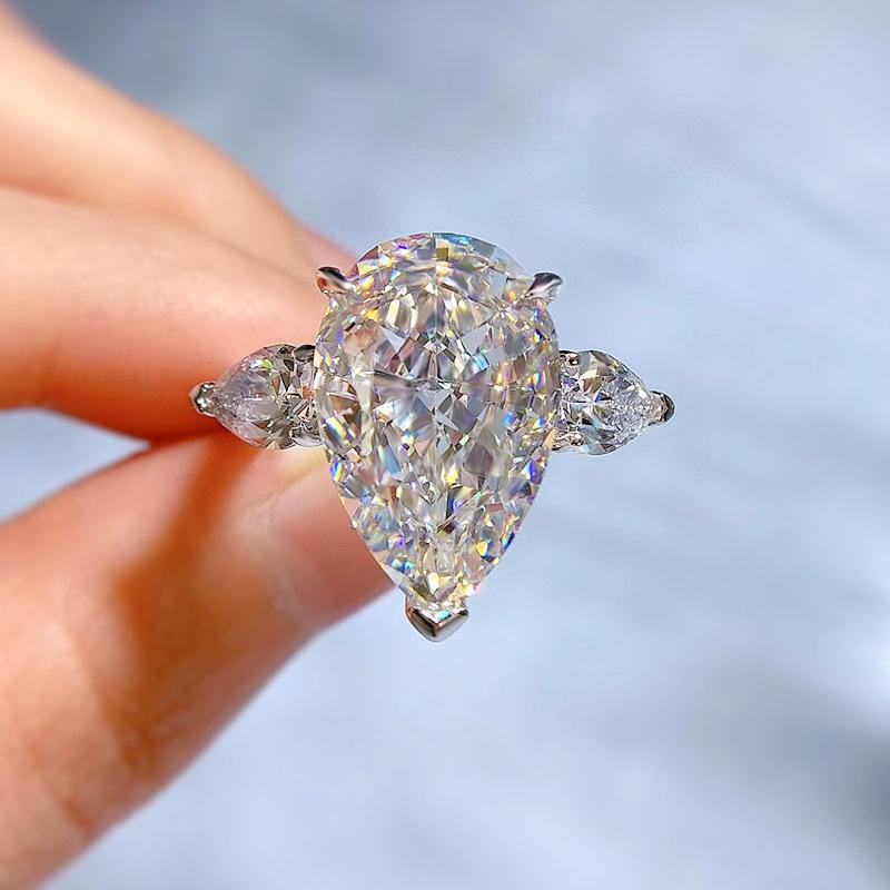 NO.034 S925 Sterling Silver Pear Shape Ice Flower Cut Ring 11*17mm White/Pink Cubic Zirconia 8A with Elegant Luxury Design for Daily Life and Engagements fashion jewelry accessory woman girl promise ring Springtok