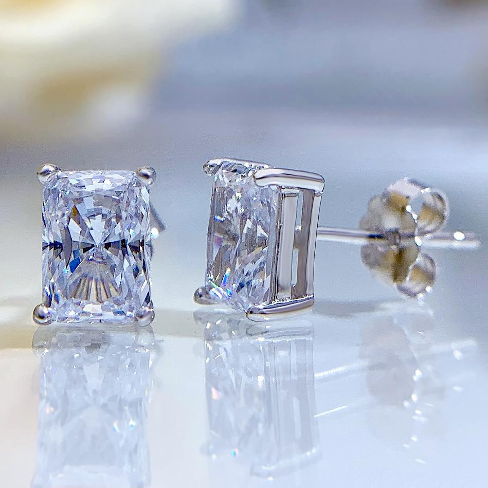 NO.182 S925 Sterling Silver Ice Flower Cut Rectangular Stud Earrings 1 cart 5*7MM 8A Cubic Zirconia Stud Earrings Glittering daily life Earrings Springtok