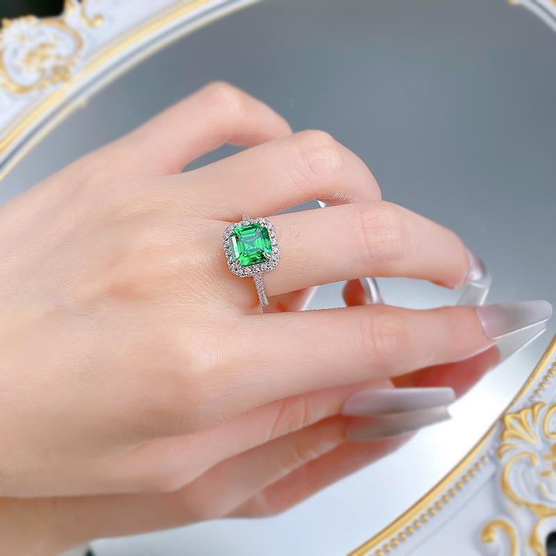 S925 Sterling Silver Green Asscher Cushion Square 8*8mm 6A Cubic Zirconia Ring-151(45%)