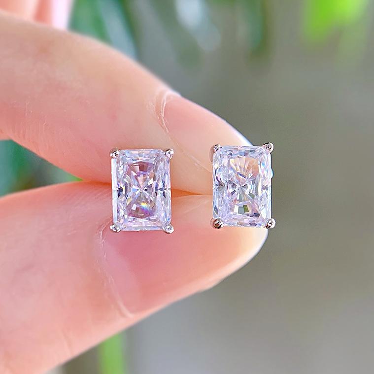 NO.182 S925 Sterling Silver Ice Flower Cut Rectangular Stud Earrings 1 cart 5*7MM 8A Cubic Zirconia Stud Earrings Glittering daily life Earrings Springtok