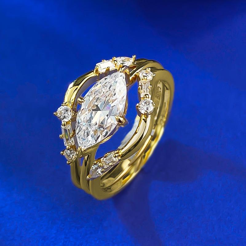 NO.077 S925 Sterling Silver Marquise Ring 6*12mm with 6A Cubic Zirconia - Three-Piece Ring Set for Elegant Luxury and Daily Life Use fashion jewelry accessory woman girl promise ring Springtok