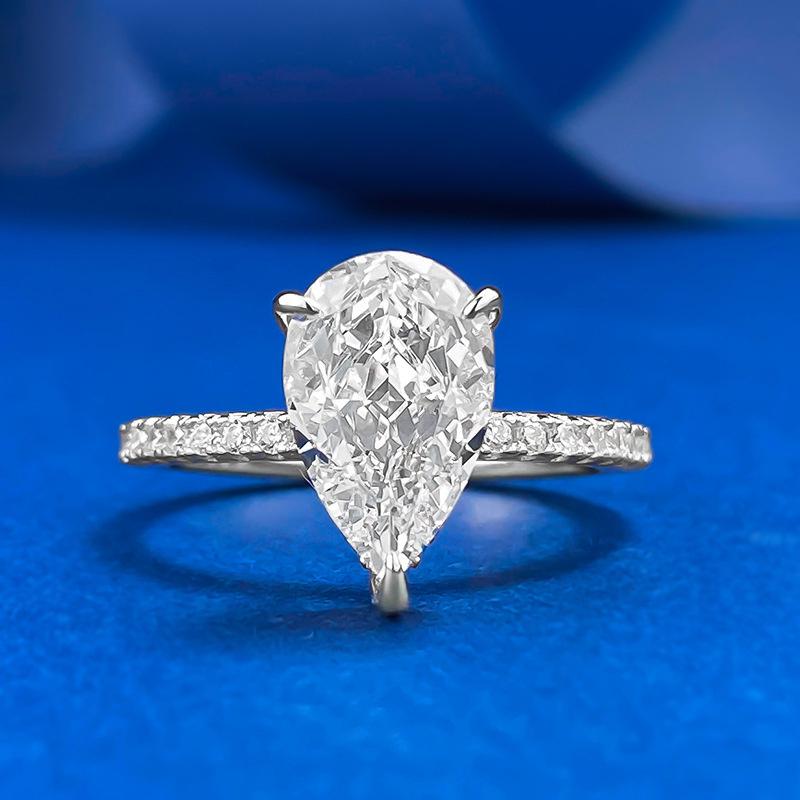NO.028 S925 Sterling Silver Pear Shaped Ice Flower Cut Ring 7*11mm 8A Cubic Zirconia with Elegant Luxury Design for Women and Daily Life fashion jewelry accessory woman girl promise ring Springtok