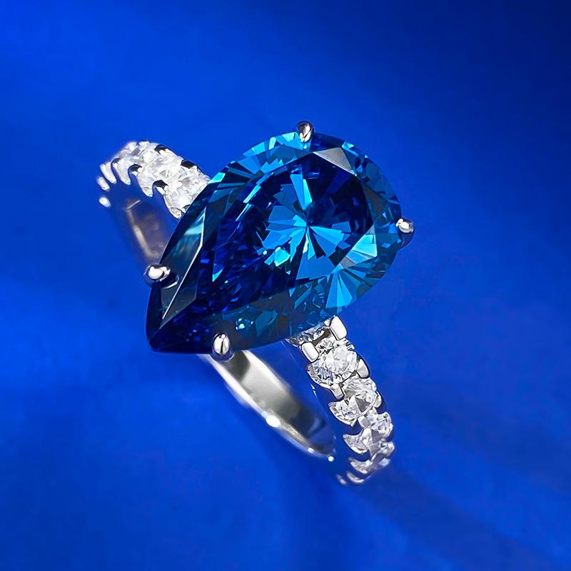 NO.036 S925 sterling silver blue pear cut ring 9*14mm 8A cubic zirconia ring fashion jewelry accessory woman girl promise ring Springtok
