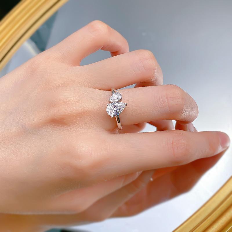 NO.030 S925 Sterling Silver Pear Ice Flower Cut Double Pear-Shaped Ring 6 * 9mm 8A Cubic Zirconia Ring fashion jewelry accessory woman girl promise ring Springtok