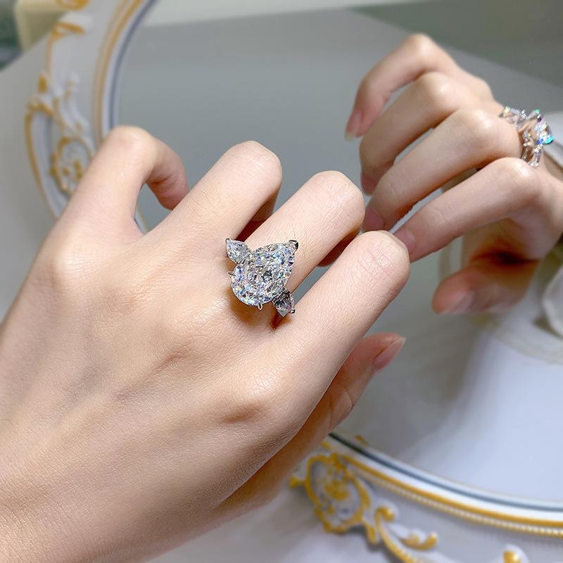 NO.034 S925 Sterling Silver Pear Shape Ice Flower Cut Ring 11*17mm White/Pink Cubic Zirconia 8A with Elegant Luxury Design for Daily Life and Engagements fashion jewelry accessory woman girl promise ring Springtok