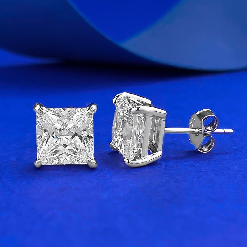 NO.190 S925 Sterling Silver Princess Cut Ring 7*7mm 6A Cubic Zirconia Earrings Glittering daily life Earrings Springtok