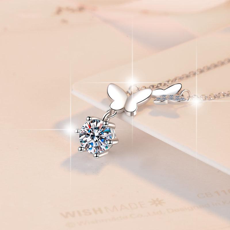 NO.199 S925 Sterling Silver Butterfly Necklace Synthetic Moissanite Necklace Birthday Gift Minimalist Pendant Necklace Springtok