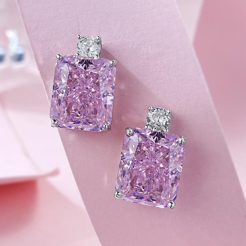 NO.185 S925 Sterling Silver Ice Flower Cut Square Stud Earrings 10 * 12mm 8A Cubic Zirconia Stud Earrings Glittering daily life Earrings Springtok