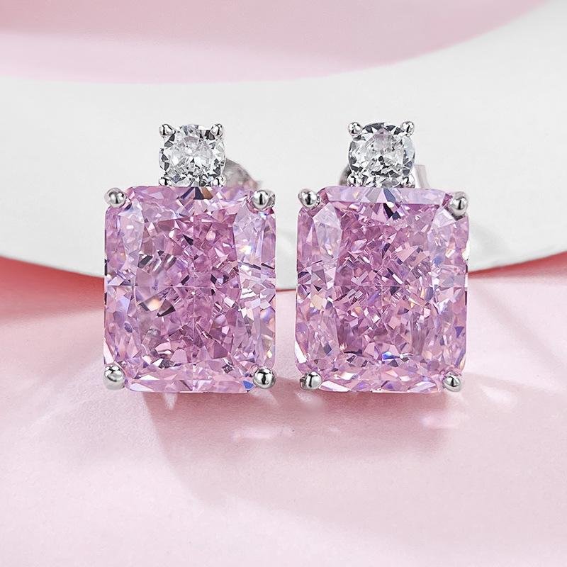 NO.185 S925 Sterling Silver Ice Flower Cut Square Stud Earrings 10 * 12mm 8A Cubic Zirconia Stud Earrings Glittering daily life Earrings Springtok