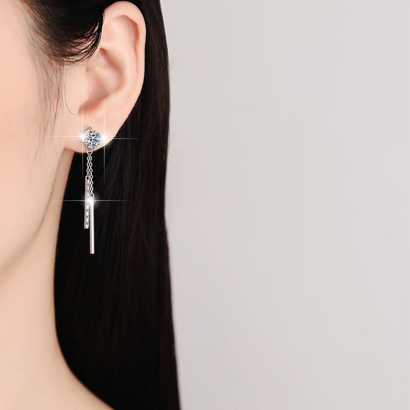 NO.175 S925 Sterling Silver Long Tassel Stud Earrings Synthetic Moissanite Stud Earrings Glittering daily life Earrings Springtok