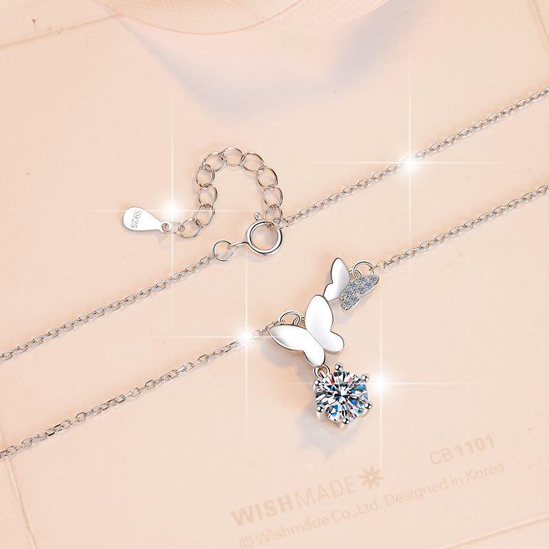 NO.199 S925 Sterling Silver Butterfly Necklace Synthetic Moissanite Necklace Birthday Gift Minimalist Pendant Necklace Springtok