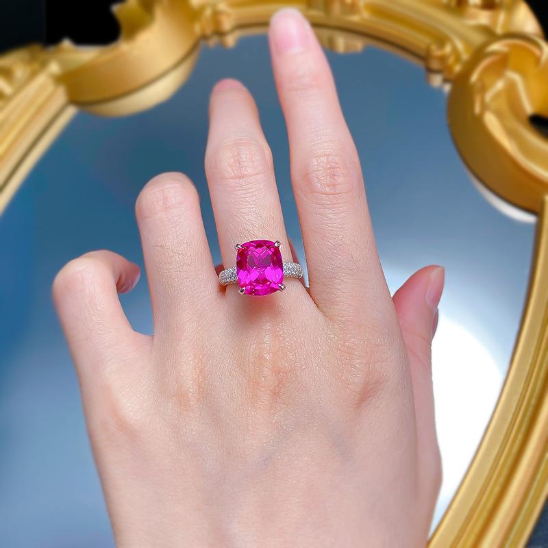 S925 Sterling Silver Rose Red Square Four Claws 10*12mm 6A Cubic Zirconia Ring-144(45%)