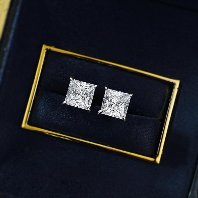NO.190 S925 Sterling Silver Princess Cut Ring 7*7mm 6A Cubic Zirconia Earrings Glittering daily life Earrings Springtok