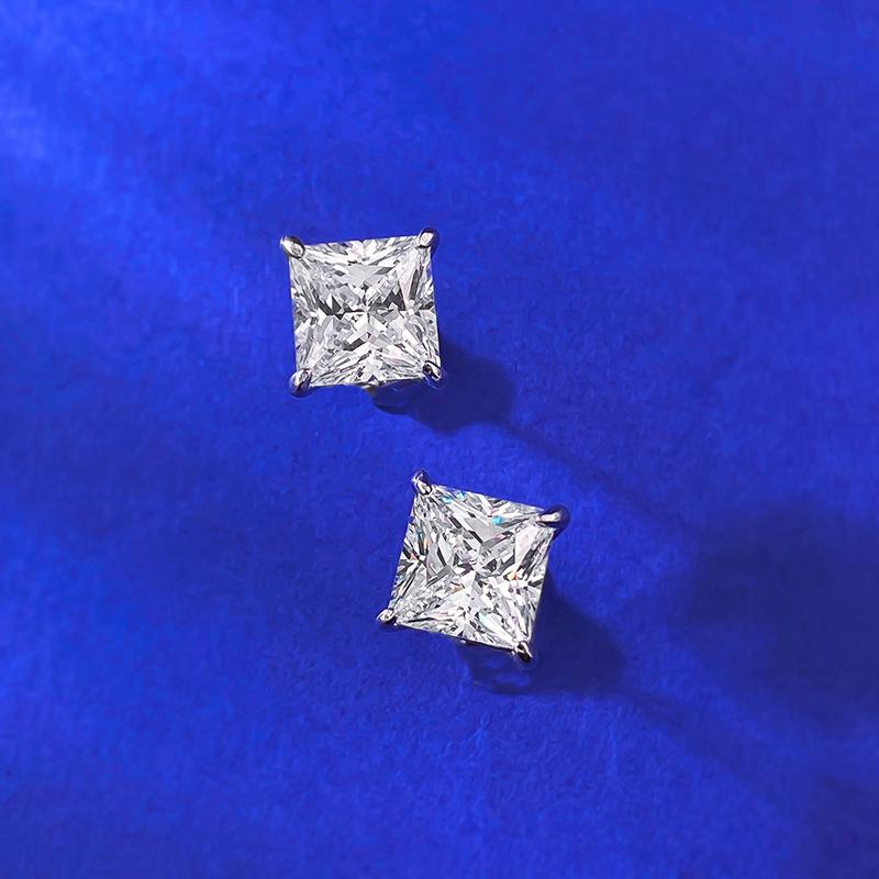 NO.190 S925 Sterling Silver Princess Cut Ring 7*7mm 6A Cubic Zirconia Earrings Glittering daily life Earrings Springtok