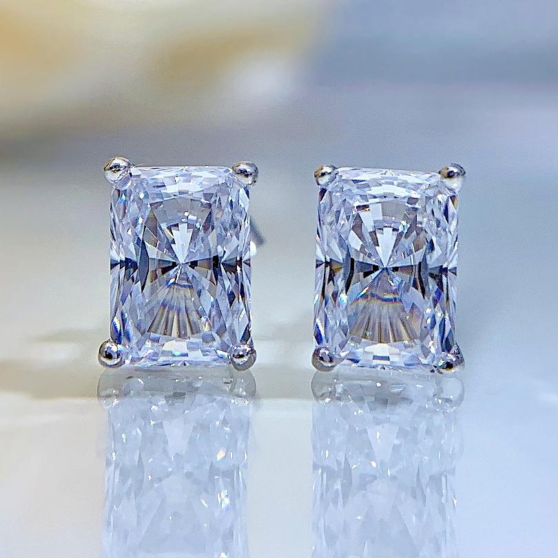 NO.182 S925 Sterling Silver Ice Flower Cut Rectangular Stud Earrings 1 cart 5*7MM 8A Cubic Zirconia Stud Earrings Glittering daily life Earrings Springtok