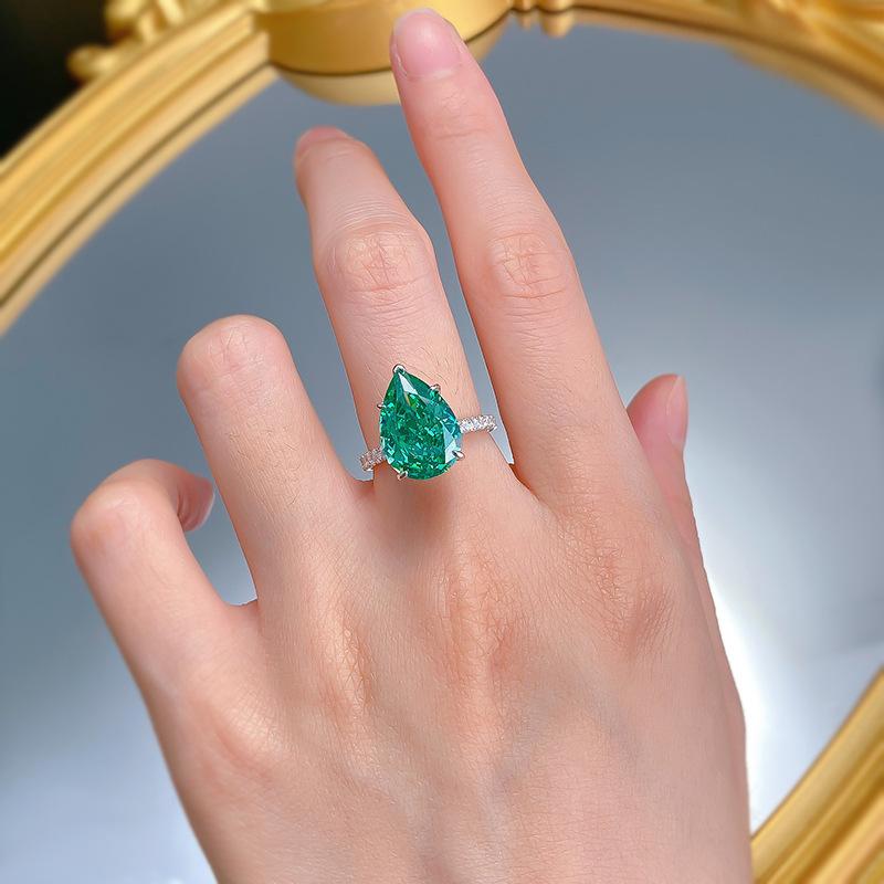 S925 Sterling Silver Water Drop Pear Green 10*14mm 8A Cubic Zirconia Ring-145(45%)