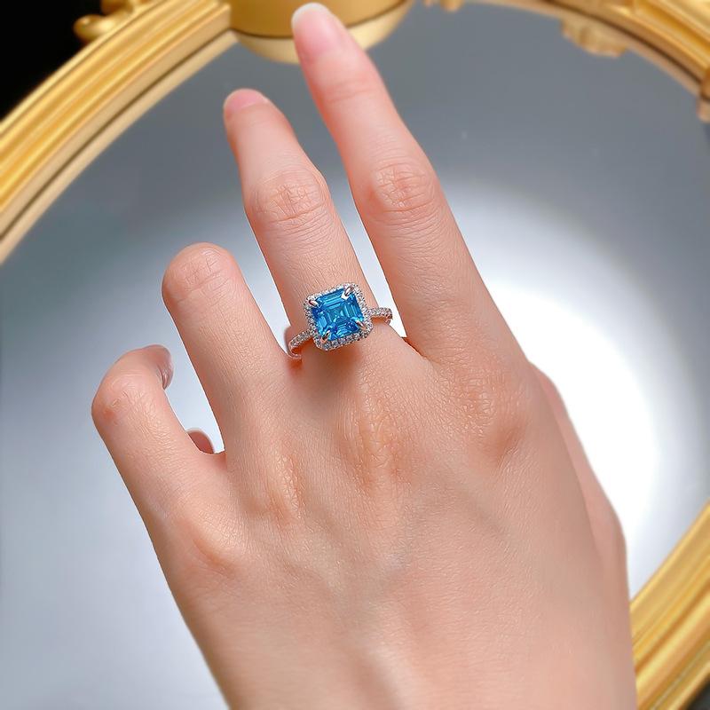 S925 Sterling Silver Aquamarine Square Cushion 8*8mm 6A Cubic Zirconia Ring-436(25%)