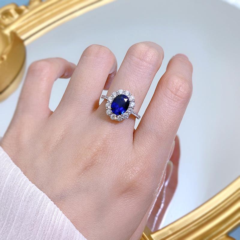 NO.054 S925 sterling silver oval cut ring 7*9mm 6A blue cubic zirconia ring fashion jewelry accessory woman girl promise ring Springtok