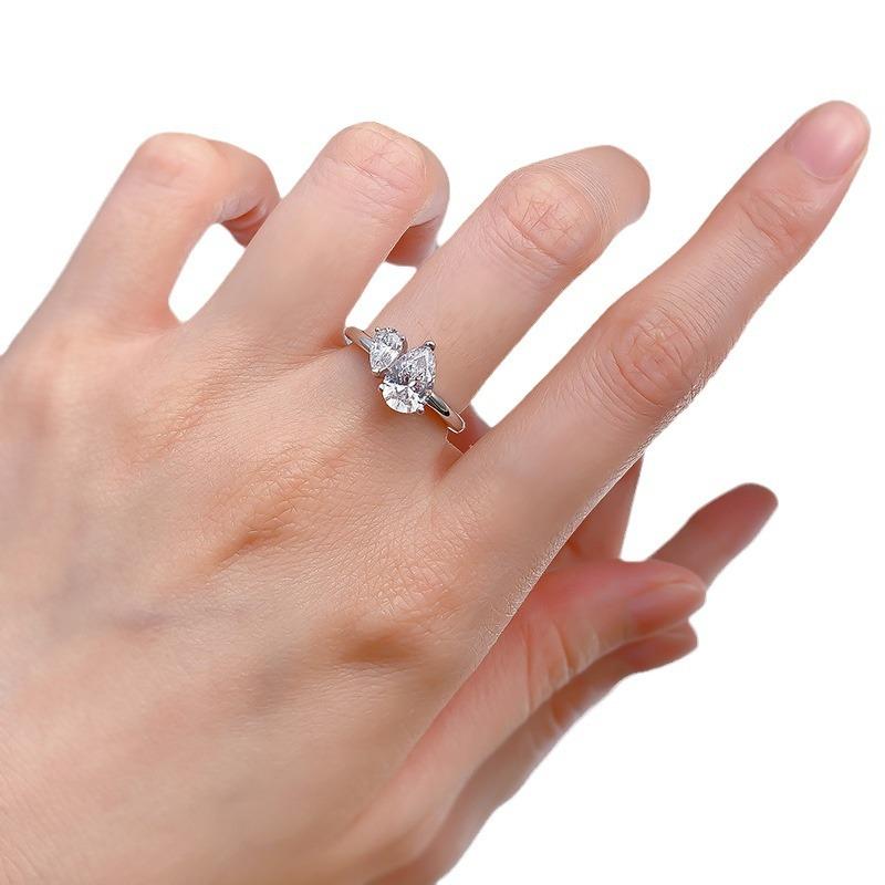 NO.030 S925 Sterling Silver Pear Ice Flower Cut Double Pear-Shaped Ring 6 * 9mm 8A Cubic Zirconia Ring fashion jewelry accessory woman girl promise ring Springtok