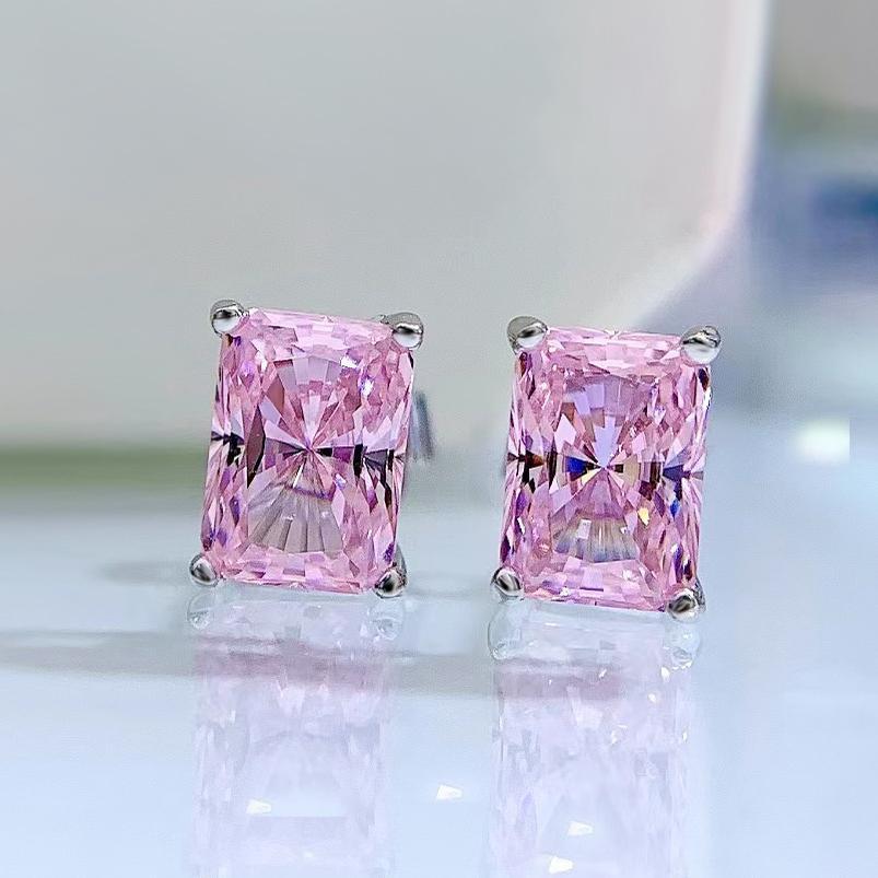 NO.182 S925 Sterling Silver Ice Flower Cut Rectangular Stud Earrings 1 cart 5*7MM 8A Cubic Zirconia Stud Earrings Glittering daily life Earrings Springtok