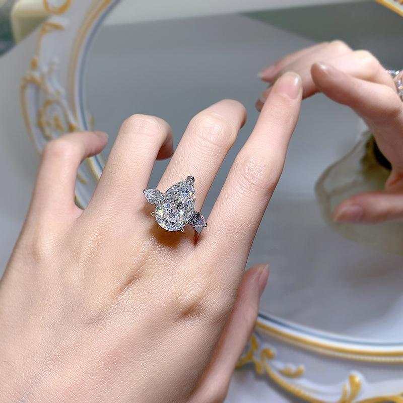 NO.034 S925 Sterling Silver Pear Shape Ice Flower Cut Ring 11*17mm White/Pink Cubic Zirconia 8A with Elegant Luxury Design for Daily Life and Engagements fashion jewelry accessory woman girl promise ring Springtok