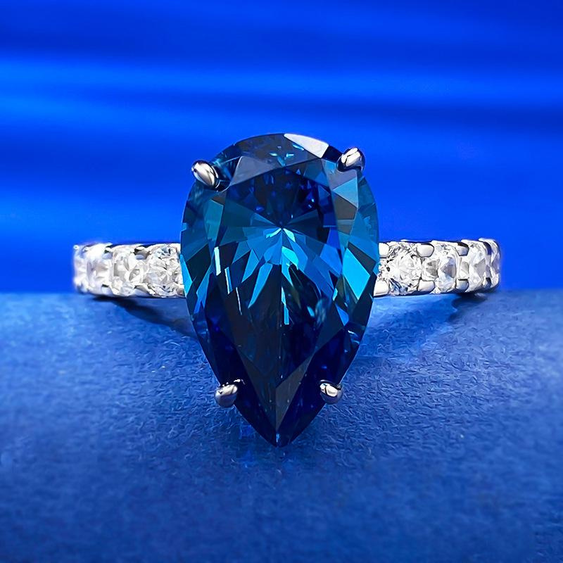 NO.036 S925 sterling silver blue pear cut ring 9*14mm 8A cubic zirconia ring fashion jewelry accessory woman girl promise ring Springtok
