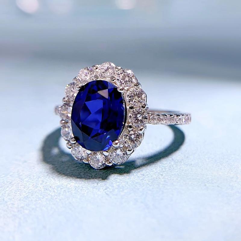 NO.054 S925 sterling silver oval cut ring 7*9mm 6A blue cubic zirconia ring fashion jewelry accessory woman girl promise ring Springtok