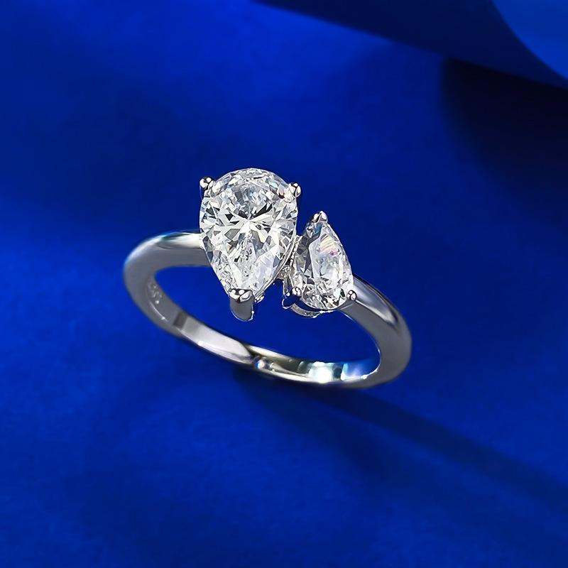 NO.030 S925 Sterling Silver Pear Ice Flower Cut Double Pear-Shaped Ring 6 * 9mm 8A Cubic Zirconia Ring fashion jewelry accessory woman girl promise ring Springtok