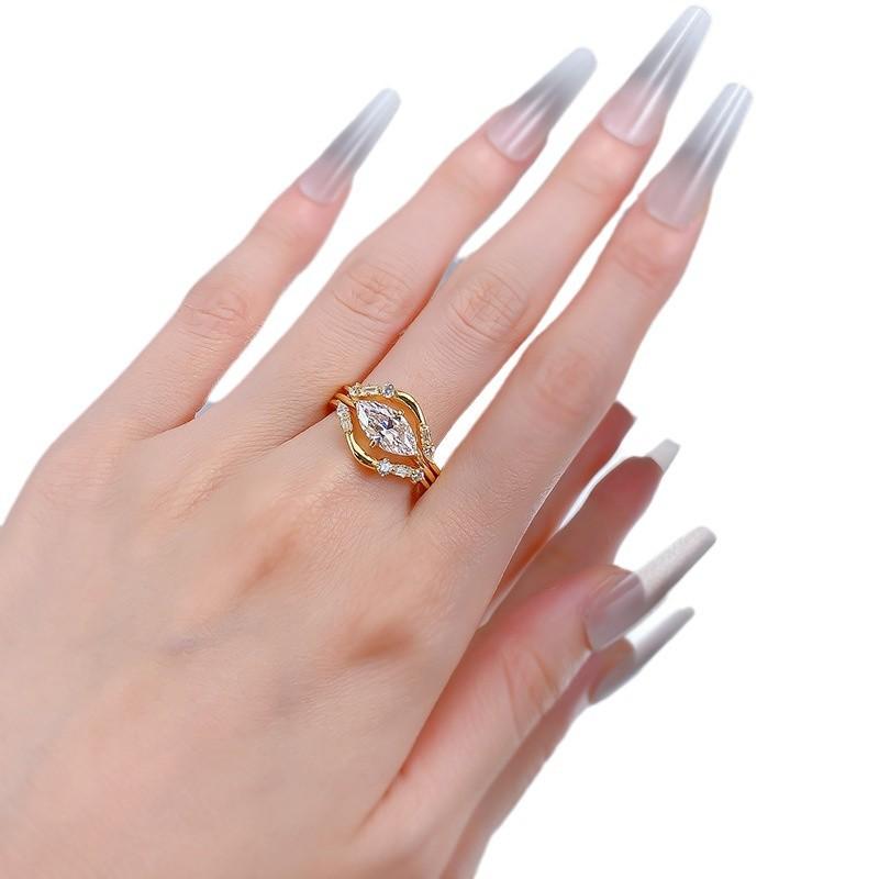 NO.077 S925 Sterling Silver Marquise Ring 6*12mm with 6A Cubic Zirconia - Three-Piece Ring Set for Elegant Luxury and Daily Life Use fashion jewelry accessory woman girl promise ring Springtok
