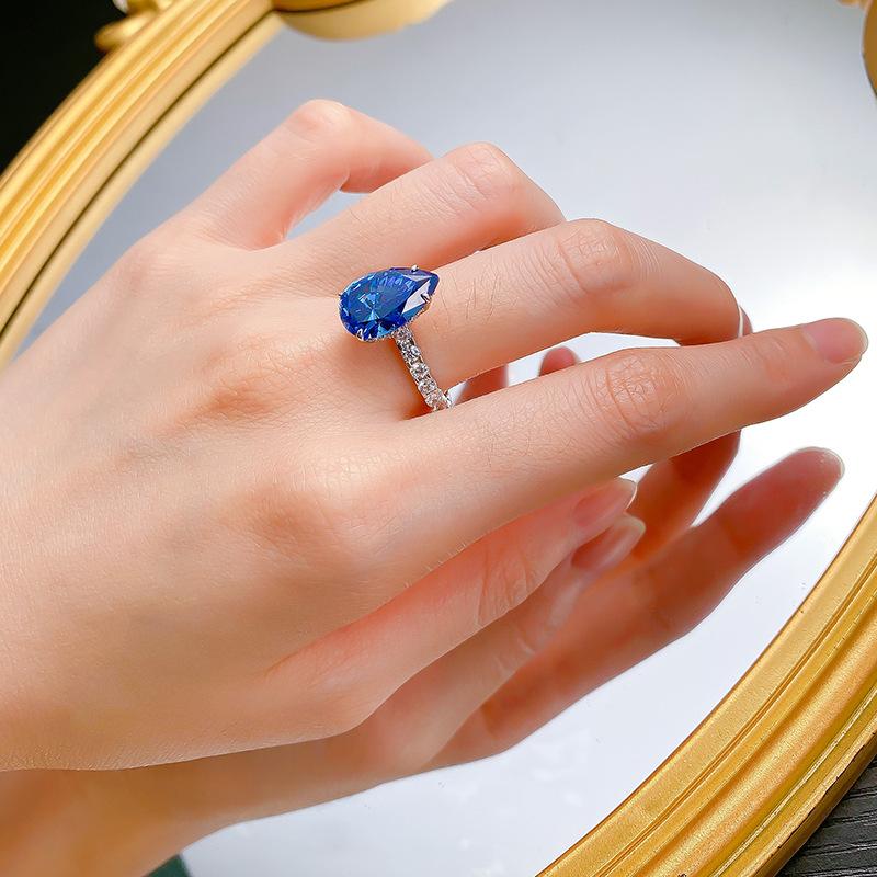 NO.036 S925 sterling silver blue pear cut ring 9*14mm 8A cubic zirconia ring fashion jewelry accessory woman girl promise ring Springtok