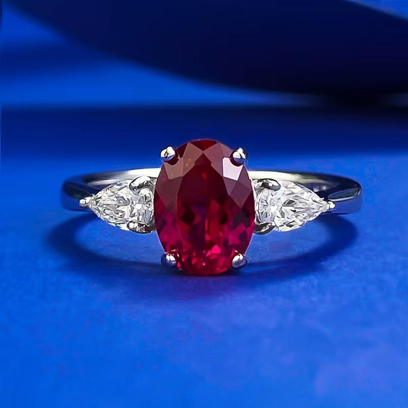 NO.053 S925 Sterling Silver Oval Cut Ring Red/Blue 6*8mm 6A Cubic Zirconia Ring fashion jewelry accessory woman girl promise ring Springtok