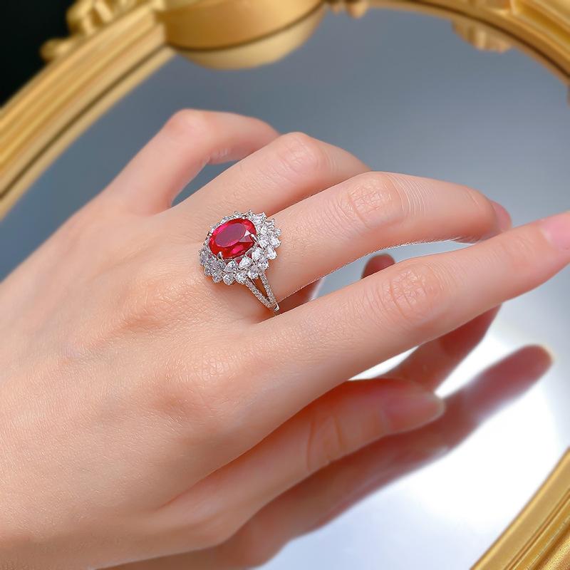NO.061 S925 sterling silver oval ring 8*10mm 6A red cubic zirconia ring fashion jewelry accessory woman girl promise ring Springtok