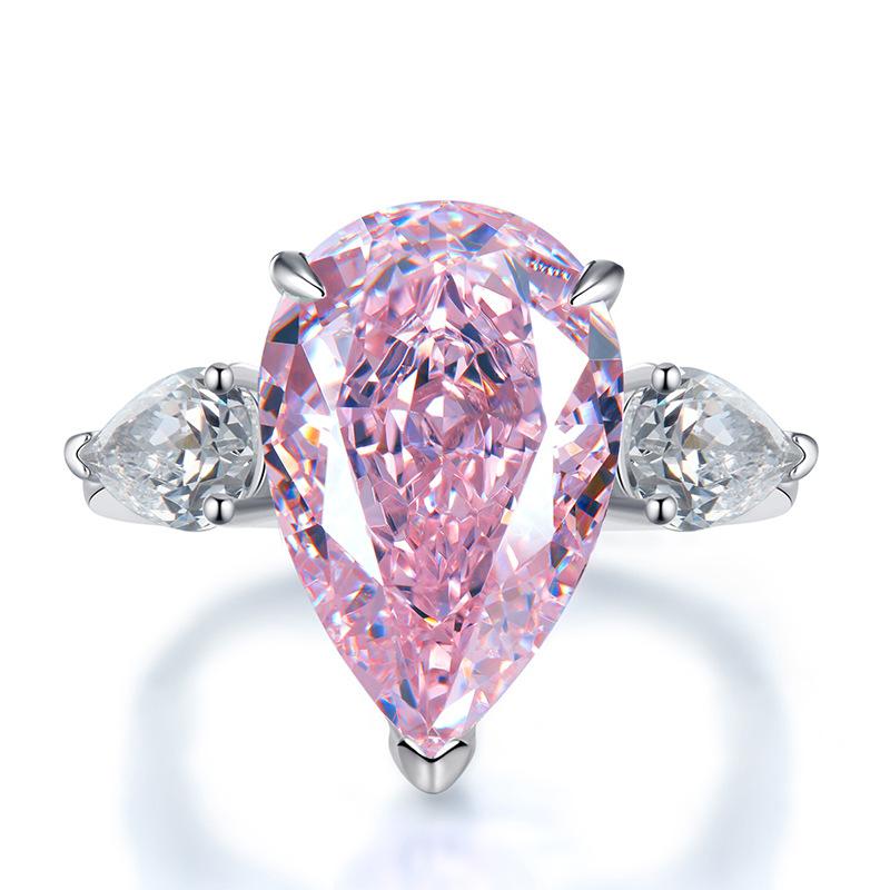NO.034 S925 Sterling Silver Pear Shape Ice Flower Cut Ring 11*17mm White/Pink Cubic Zirconia 8A with Elegant Luxury Design for Daily Life and Engagements fashion jewelry accessory woman girl promise ring Springtok