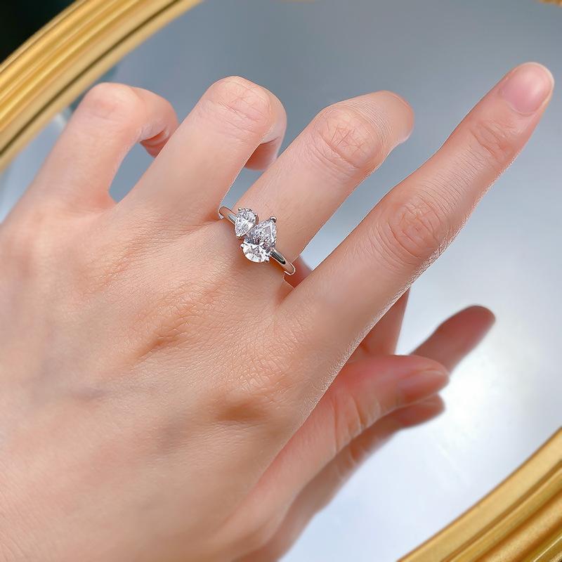 NO.030 S925 Sterling Silver Pear Ice Flower Cut Double Pear-Shaped Ring 6 * 9mm 8A Cubic Zirconia Ring fashion jewelry accessory woman girl promise ring Springtok