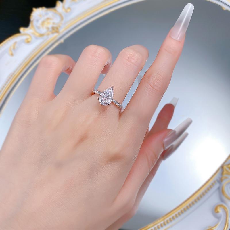 NO.028 S925 Sterling Silver Pear Shaped Ice Flower Cut Ring 7*11mm 8A Cubic Zirconia with Elegant Luxury Design for Women and Daily Life fashion jewelry accessory woman girl promise ring Springtok