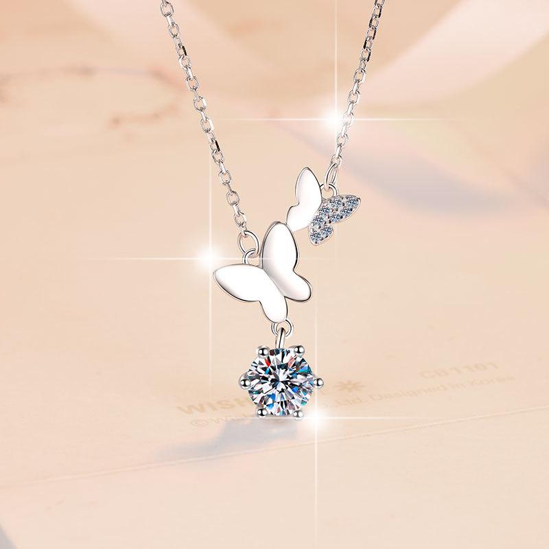 NO.199 S925 Sterling Silver Butterfly Necklace Synthetic Moissanite Necklace Birthday Gift Minimalist Pendant Necklace Springtok