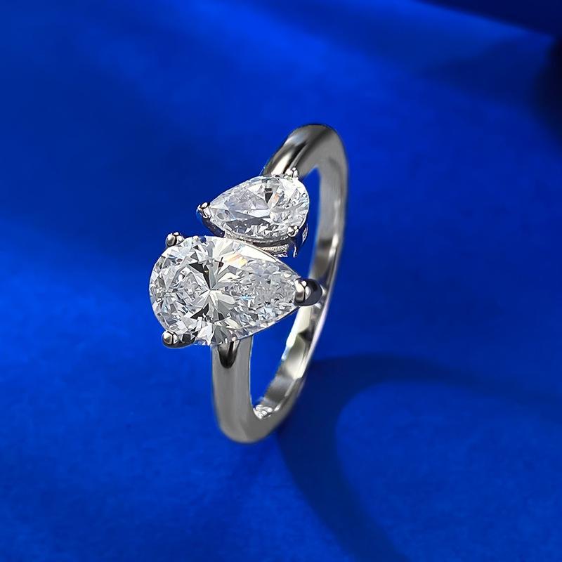 NO.030 S925 Sterling Silver Pear Ice Flower Cut Double Pear-Shaped Ring 6 * 9mm 8A Cubic Zirconia Ring fashion jewelry accessory woman girl promise ring Springtok