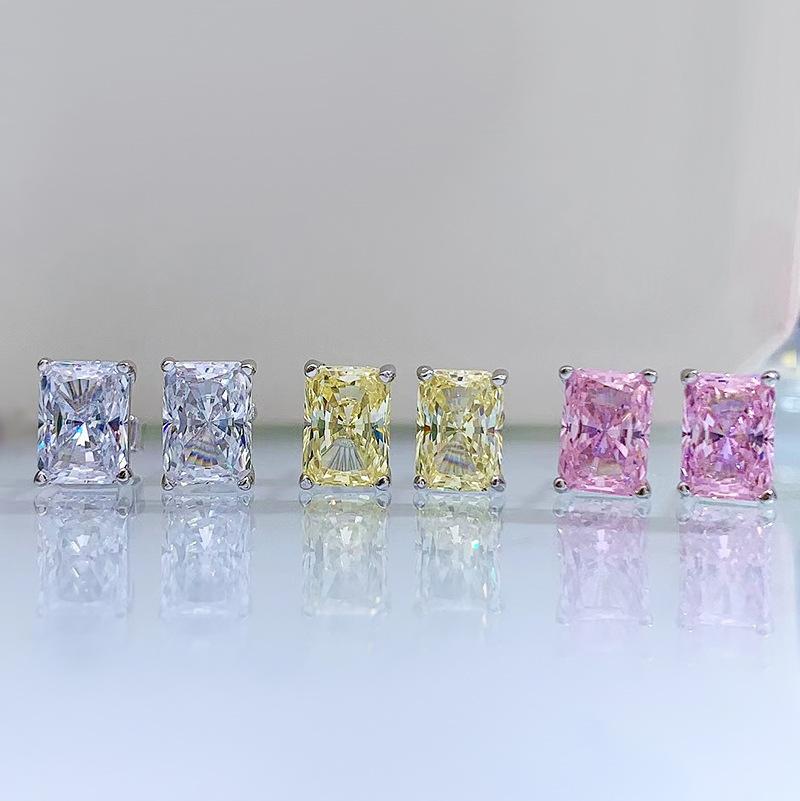 NO.182 S925 Sterling Silver Ice Flower Cut Rectangular Stud Earrings 1 cart 5*7MM 8A Cubic Zirconia Stud Earrings Glittering daily life Earrings Springtok