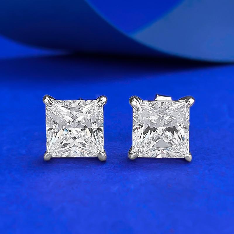 NO.190 S925 Sterling Silver Princess Cut Ring 7*7mm 6A Cubic Zirconia Earrings Glittering daily life Earrings Springtok