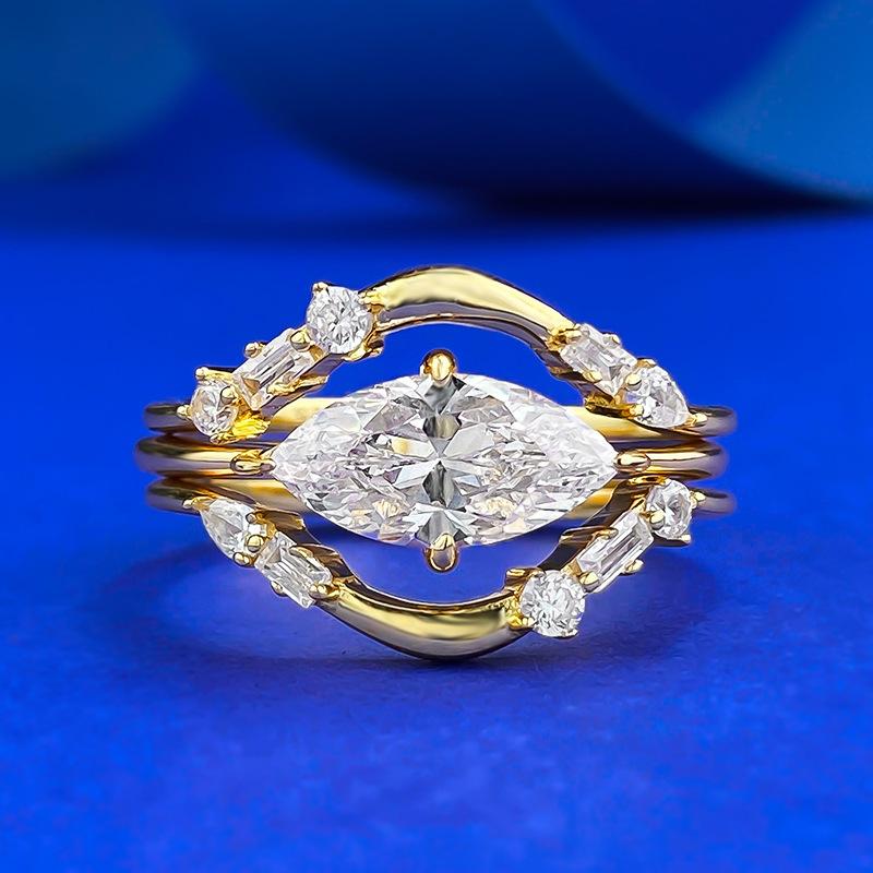 NO.077 S925 Sterling Silver Marquise Ring 6*12mm with 6A Cubic Zirconia - Three-Piece Ring Set for Elegant Luxury and Daily Life Use fashion jewelry accessory woman girl promise ring Springtok